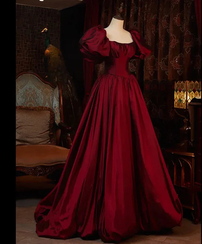 Robes de soirée longues au sol à manches courtes rouge vin, robes de bal formelles Y6973