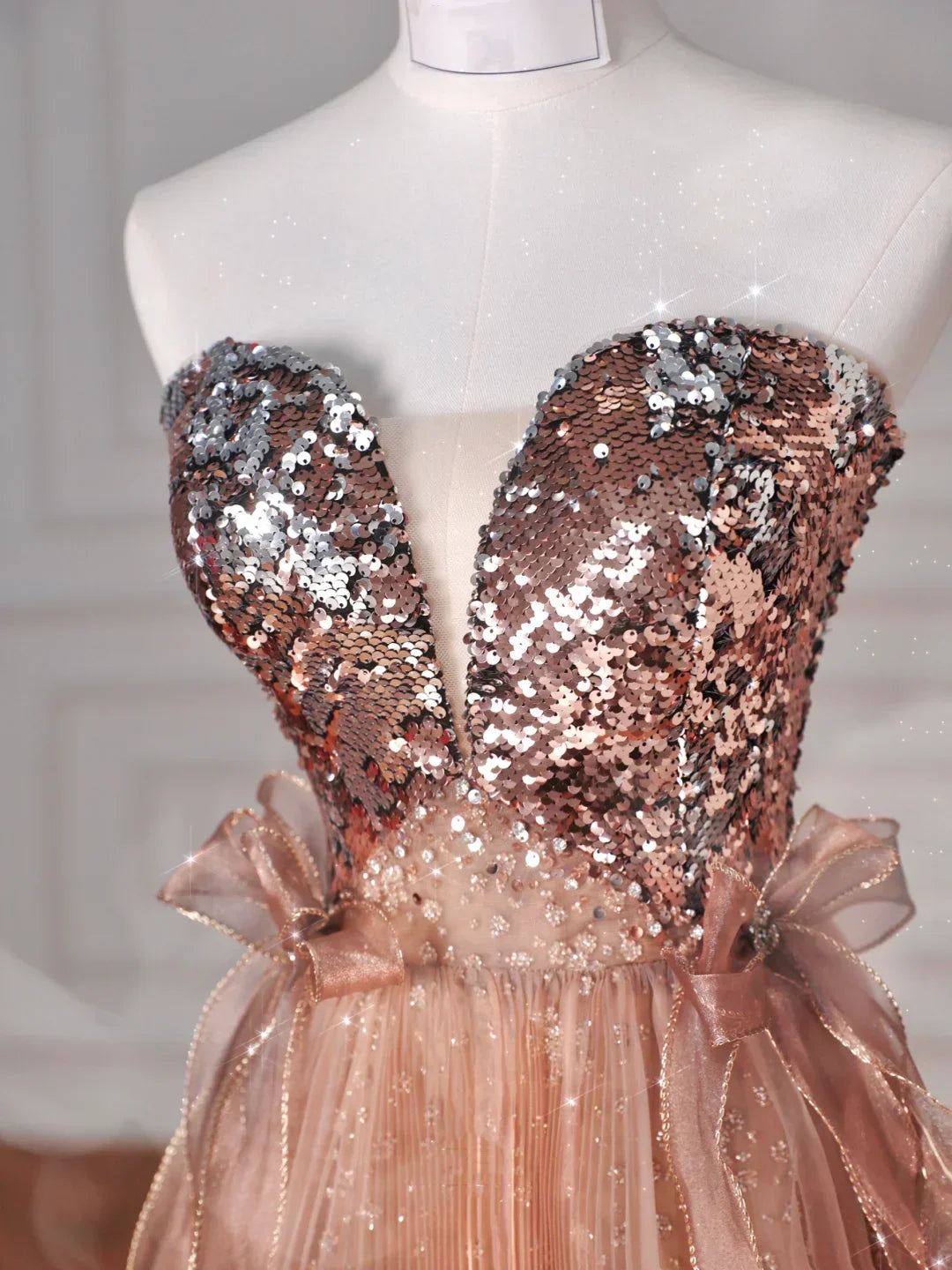 Abito da sera vintage senza spalline in tulle con paillettes e perline, linea a trapezio, colore oro rosa Y8622