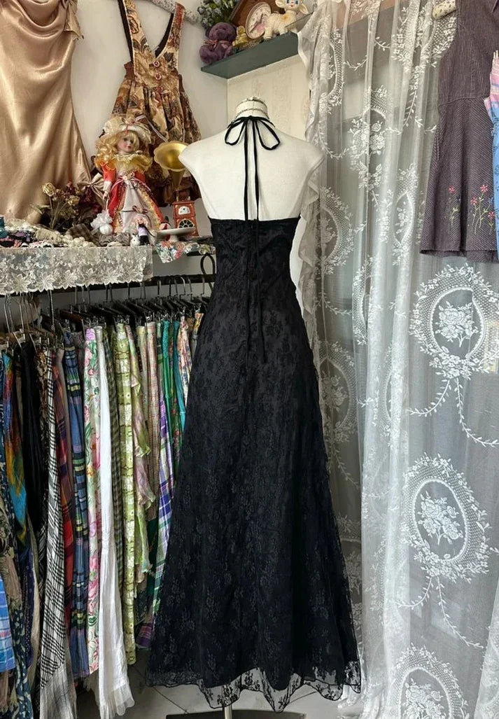 Vestido de noite longo vintage com decote em V, chiffon preto e renda, vestido de baile Y7813