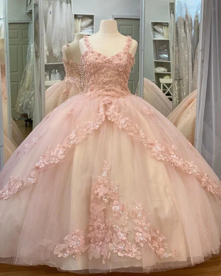 Abito da ballo in tulle dolce per Quinceañera 16 pizzo rosa festa fiore scintillante abito da sera Y3027