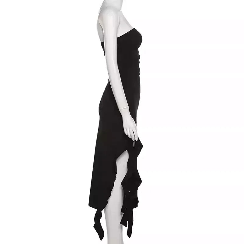 Elegante abito da festa nero senza spalline, abito da sera nero Y1929