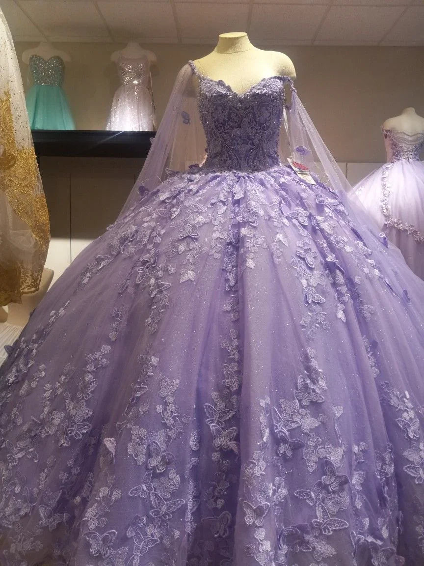 Abito da ballo vaporoso per Quinceañera viola con farfalle pizzo e tulle per ragazze dolce 15 16 compleanno Y5214