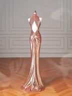 Elegante Abito Lungo da Sera con Paillettes Oro Rosa a Coda di Sirena, Scollo sulla Schiena Y8635
