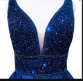 Abito lungo da sera donna blu navy con scollo a V, senza maniche, schiena scoperta, decorato con perline, abito formale da sera Y1193