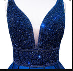 Abito lungo da sera donna blu navy con scollo a V, senza maniche, schiena scoperta, decorato con perline, abito formale da sera Y1193