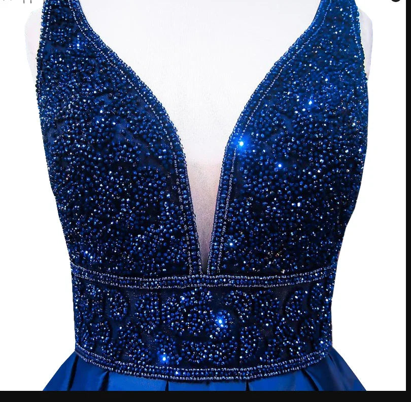 Abito lungo da sera donna blu navy con scollo a V, senza maniche, schiena scoperta, decorato con perline, abito formale da sera Y1193