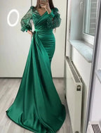 Robe de soirée en satin vert foncé à col en V et manches longues Y6109