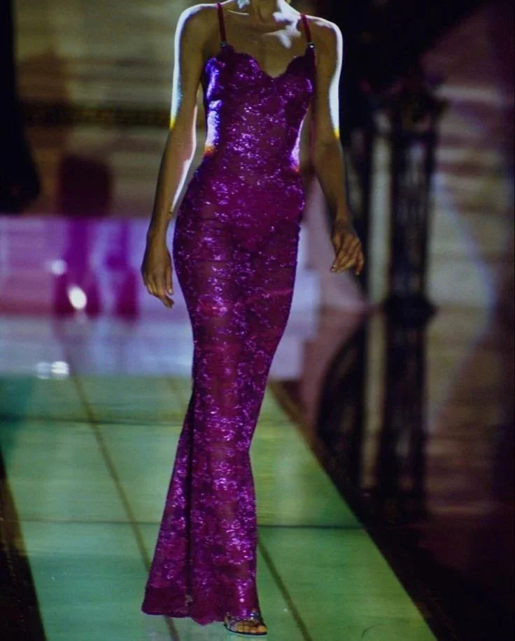 Vestido de fiesta sirena de encaje seductor con tirantes finos vestido de noche morado Y8204