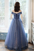 Robe longue de bal formelle en tulle bleu à paillettes Y4907