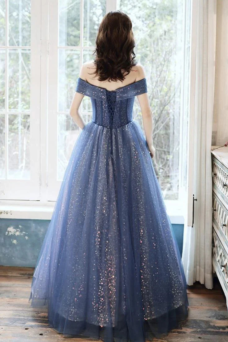 Abito lungo da ballo formale in tulle blu con paillettes Y4907