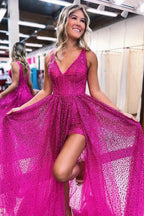 Robe de bal scintillante à paillettes, décolleté en V plongeant, fente haute, robe de soirée formelle Y1905