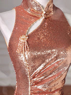 Elegante Abito Lungo da Sera con Paillettes Oro Rosa a Coda di Sirena, Scollo sulla Schiena Y8635