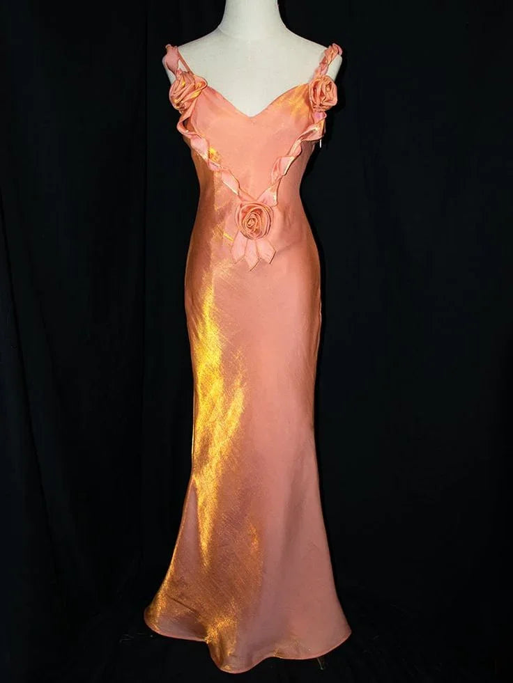 Incantevole Abito da Sera Lungo a Sirena con Fiori di Raso Abito da Ballo Formale Y8219