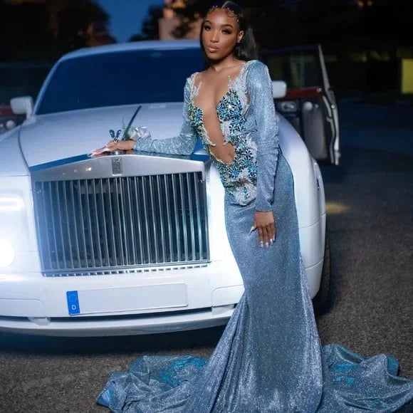 Vestido Formal de Baile com Aplicações de Contas em Cetim Azul Deslumbrante Vestido de Noite Sereia Sexy com Costas Descobertas Y7949