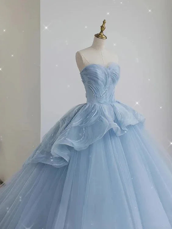 Robe princesse en tulle bleu glamour à décolleté en cœur, robe de bal bleue, robe de fée bleue Y6472