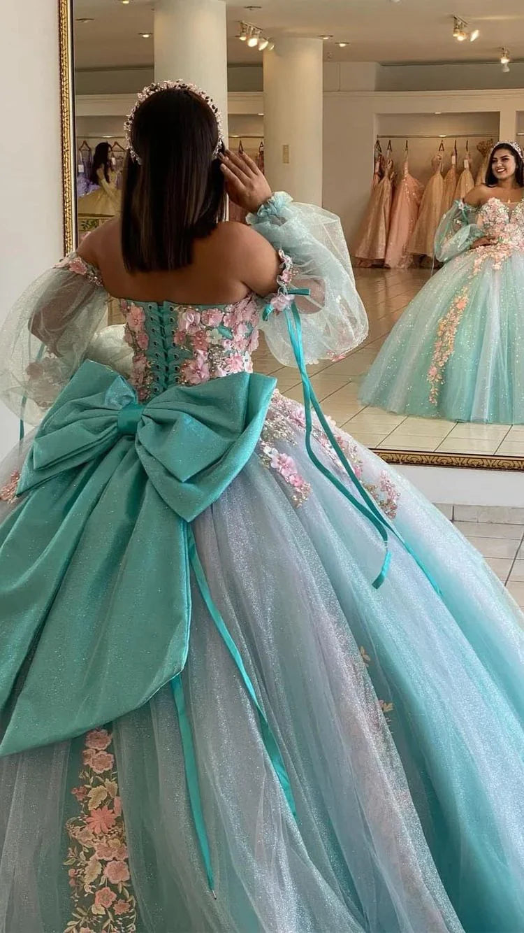Abito da Quinceañera Azzurro Ghiaccio con Fiori 3D Elegante Abito da Ballo Y2990