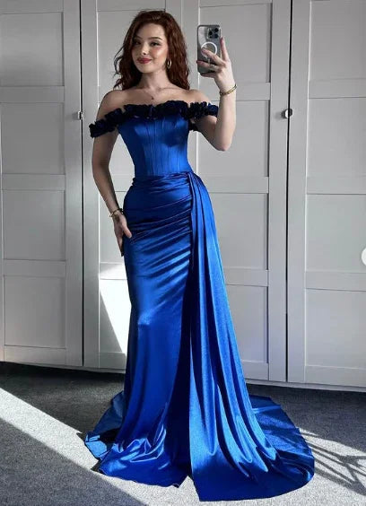 Abito da sera sirena blu con spalle scoperte, abito formale per ballo Y7842
