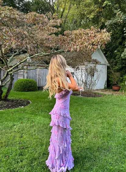 Incantevole Abito da Sera Lungo con Spalline Sottili, Stampa Floreale in Chiffon Lavanda, Volant, Abito da Ballo Y8266