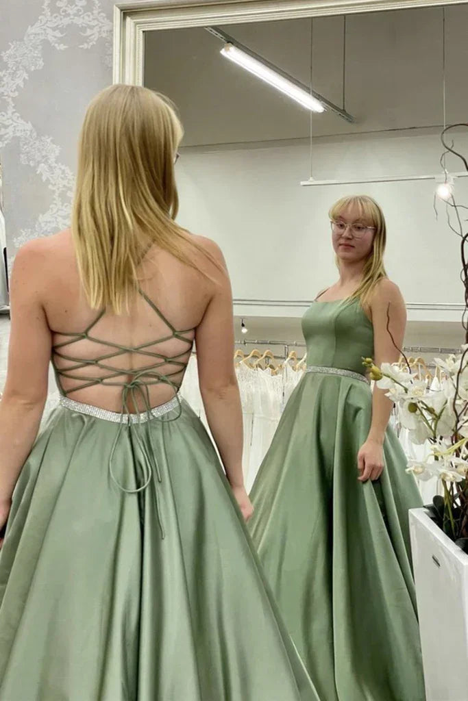 Vestido longo de cetim verde, sem costas, para baile de finalistas, vestido formal verde para cerimónia de graduação Y221