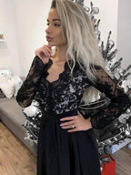 Abiti da sera lunghi con maniche lunghe, scollo a V, pizzo nero, abiti da cerimonia lunghi in pizzo nero Y235