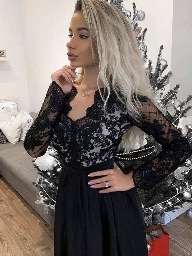 Abiti da sera lunghi con maniche lunghe, scollo a V, pizzo nero, abiti da cerimonia lunghi in pizzo nero Y235