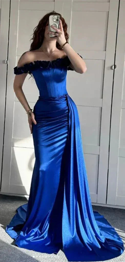 Abito da sera sirena blu con spalle scoperte, abito formale per ballo Y7842