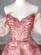 فستان سهرة رسمي طويل باللون الأحمر مزين بالخرز من التول، تصميم خط أ، بدون أكتاف، مناسب للحفلات والكرنفالات، موديل Y8621