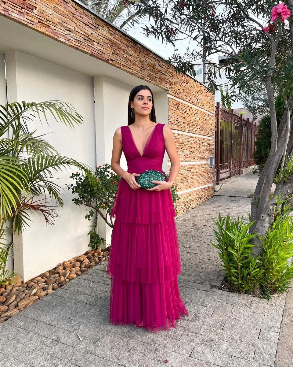 Robe de bal à col en V profond, robe de soirée sans manches à volants en ligne A Y3073