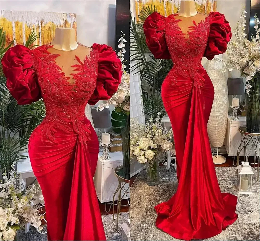 Vestidos de Festa Vermelhos de Cauda de Sereia Luxuosos com Renda, Contas e Decote Transparente, Vestido de Noite Formal para Festas Y02