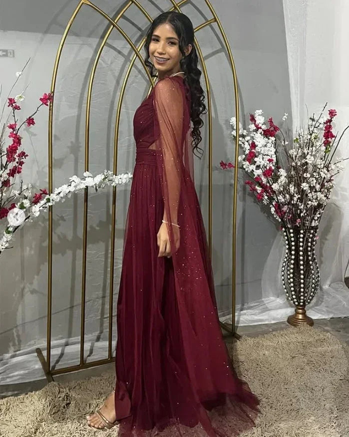 Elegante abito da sera bordeaux con una spalla, tulle e paillettes, spacco, vestito da ballo Y7826