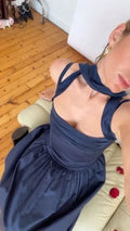 Abito da sera in raso a linea ad A blu navy elegante Y8154