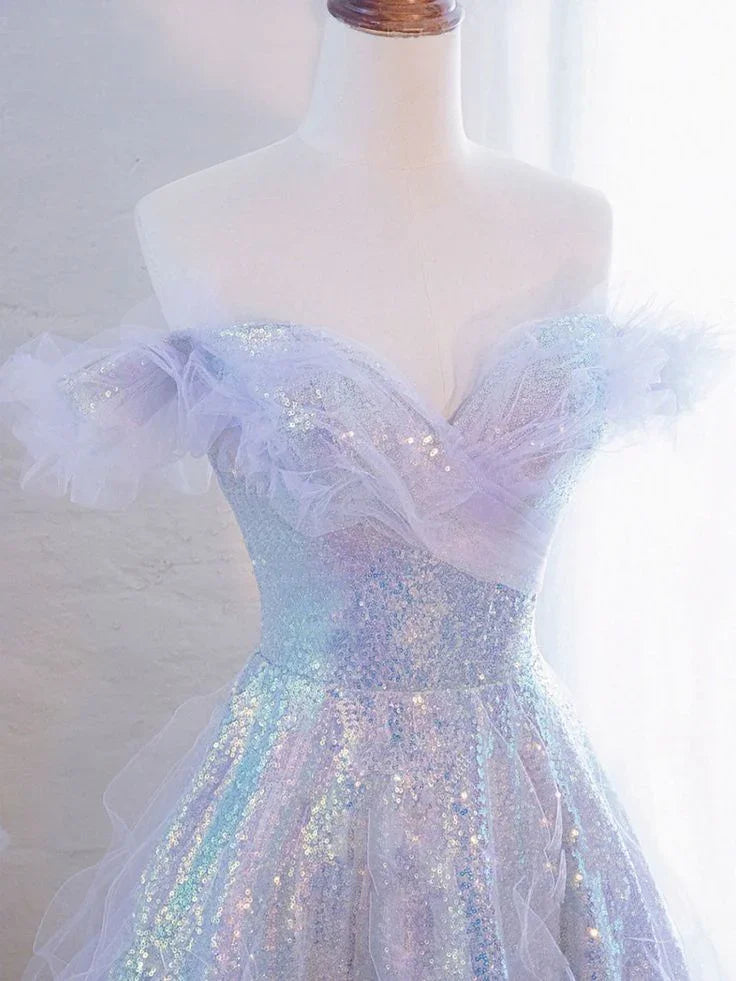 Abito lungo da sera formale viola con paillettes e tulle a spalle scoperte Y5864