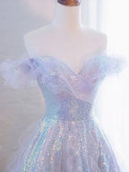 Abito lungo da sera formale viola con paillettes e tulle a spalle scoperte Y5864