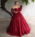 Abiti da sera lunghi in pizzo rosso scuro con perline, scollo a barca, maniche lunghe, vestito formale a linea ad A, taglie comode, mod. Y766