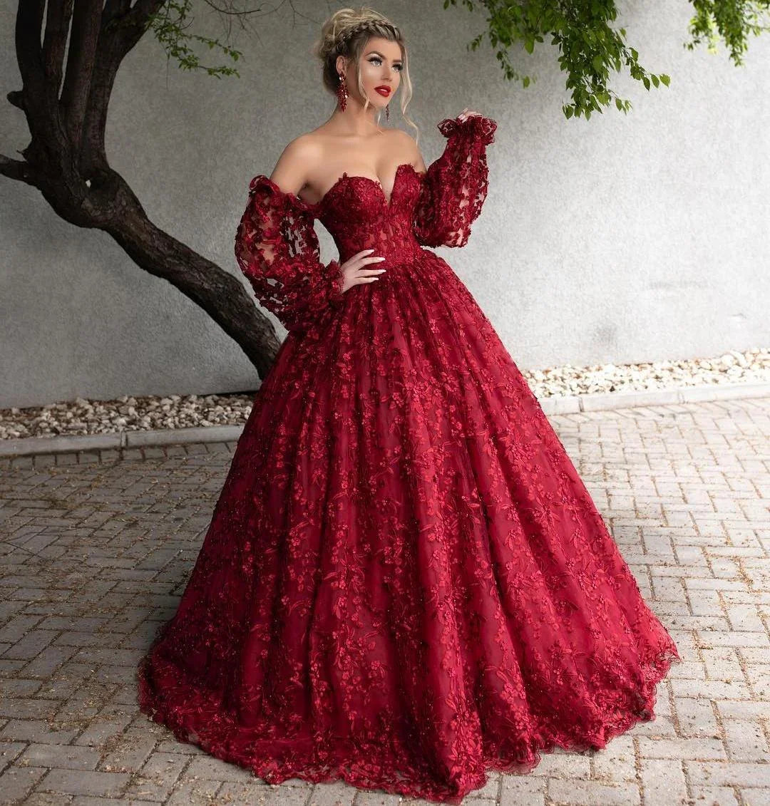 Abiti da sera lunghi in pizzo rosso scuro con perline, scollo a barca, maniche lunghe, vestito formale a linea ad A, taglie comode, mod. Y766