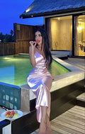 Elegante abito da sera rosa con spalline sottili e scollo a V, abito da sera rosa Y5663