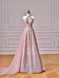 Abito da sera rosa scintillante con paillettes, corpino allacciato al collo, gonna a ruota in tulle modello A Y8608