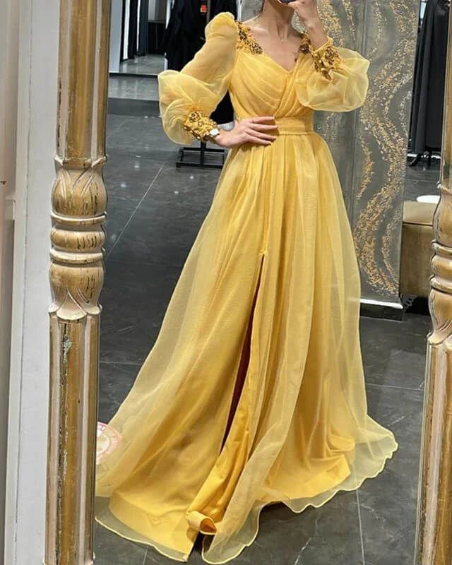 Abito da sera con scollo a V, maniche a sbuffo, spacco e tulle Y5793