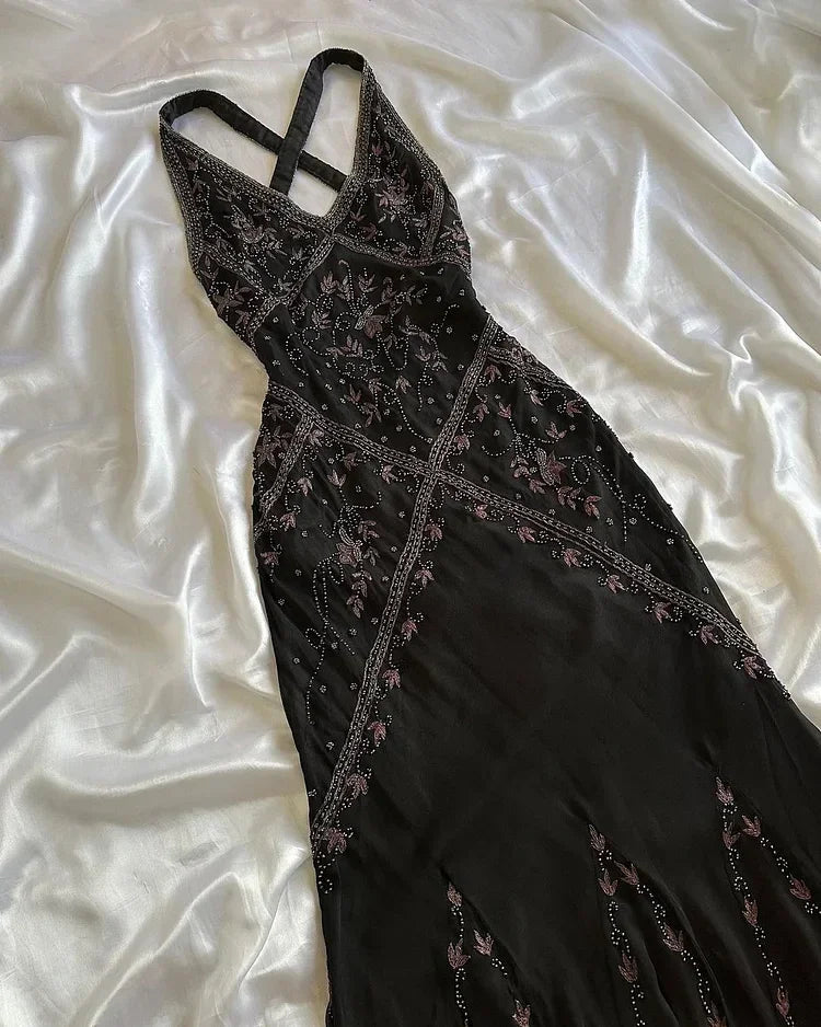 Abito da sera nero in chiffon con perline, elegante, senza schienale, modello sirena, abito da ballo Y8297