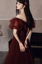 Robe de bal bordeaux à épaules dénudées en tulle, coupe ligne, robe de soirée Y8351