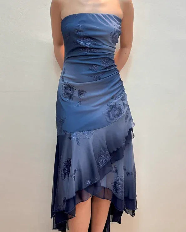 Charmantes marineblaues trägerloses mehrlagiges Meerjungfrauen-Abendkleid Ballkleid Y7811