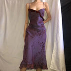 Vestido de Noite com Folhos e Estampa Vintage, Alças Roxas, Vestido de Baile Y7876
