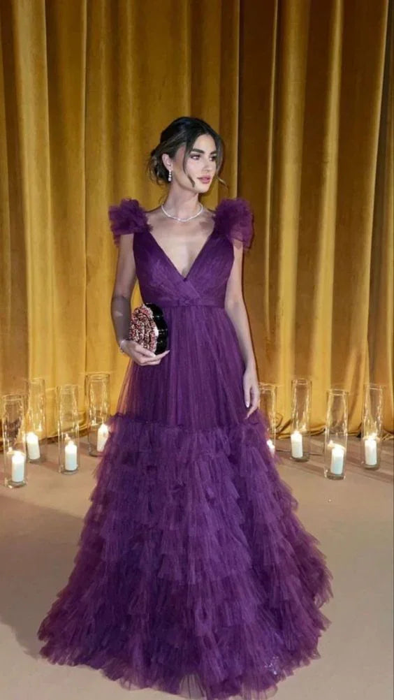 Elegante abito da sera viola a linea ad A con scollo a V in tulle Y5633
