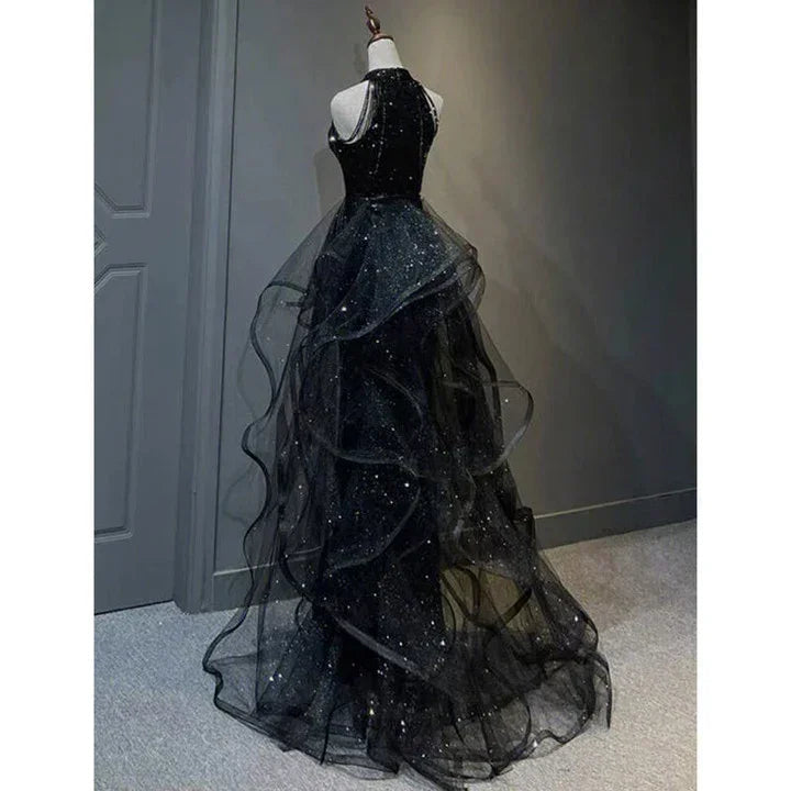 Vestido de noite preto com gola alta, alças ao pescoço, tule brilhante e lantejoulas, vestido de baile preto em tule Y1864