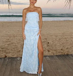 Chic Blue Strapless Satin Print Floral Long Prom Dress Sheath Slit Evening Dress Y8152