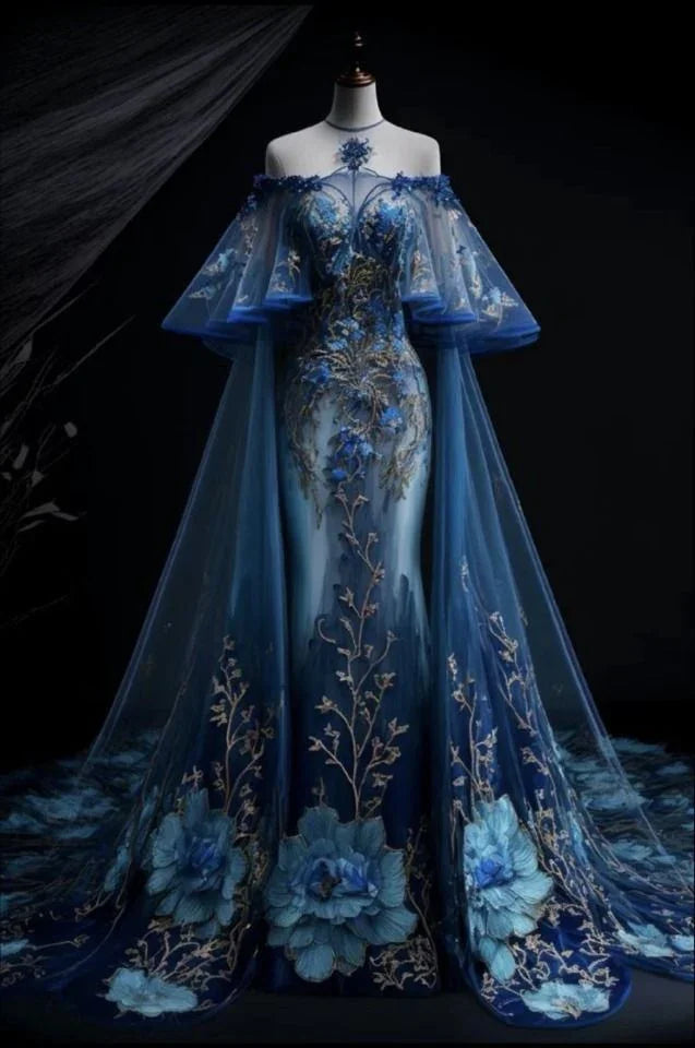 Splendido abito da sera sirena blu navy con spalle scoperte, abito formale per ballo Y8388