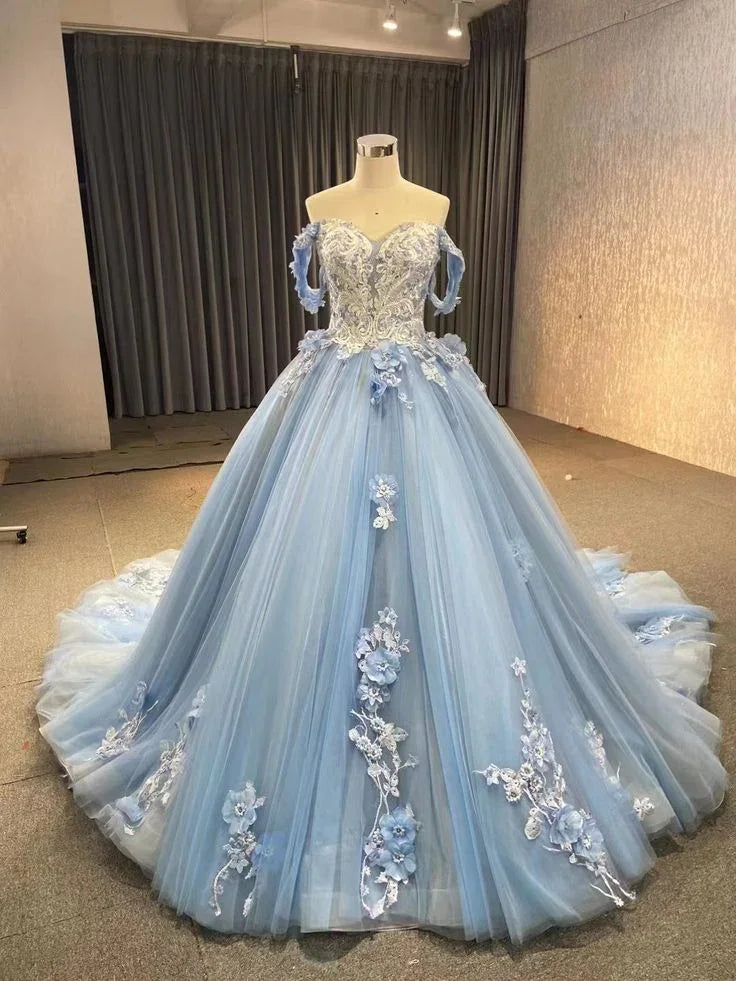 Abito da ballo blu per festa di fine anno in pizzo e tulle con spalle scoperte, abito da sera Y4561
