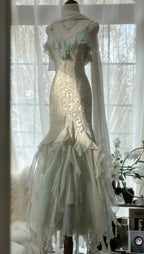 Abito da sera formale elegante verde menta temperamento sirena con spalline sottili in chiffon e perline, abito da ballo Y8546