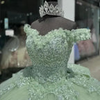 Robe de bal d'anniversaire verte menthe de luxe à épaules dénudées, en tulle, ornée d'appliques et de perles, à volants et nœud, modèle Y8125