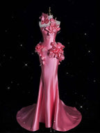 Vestido de Baile Longo de Sereia com Flores 3D em Cetim Rosa Bonito Y8339